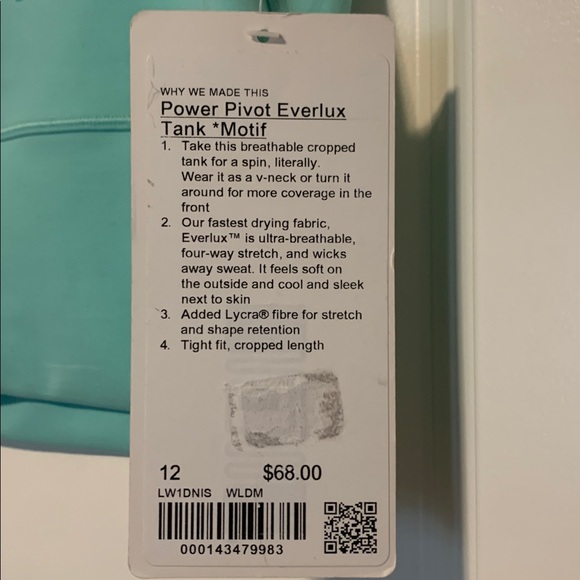 Lululemon Aqua Blue Power Pivot Everlux Tank
Motif, Size 12, NWT - Picture 4 of 6